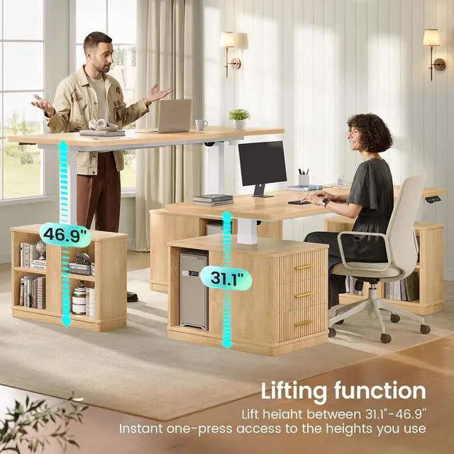 Alt view image 3 of 7 - Modern Fluted Electric Standing Desk, 63" Height Adjustable Computer Desk with 3 Drawers, Storage Shelves, Power Outlets, Wood Home Office Stand up Desk for Work, Study, Writing, Oak