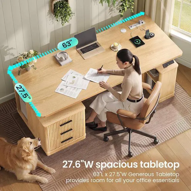 Alt view image 4 of 7 - Modern Fluted Electric Standing Desk, 63" Height Adjustable Computer Desk with 3 Drawers, Storage Shelves, Power Outlets, Wood Home Office Stand up Desk for Work, Study, Writing, Oak