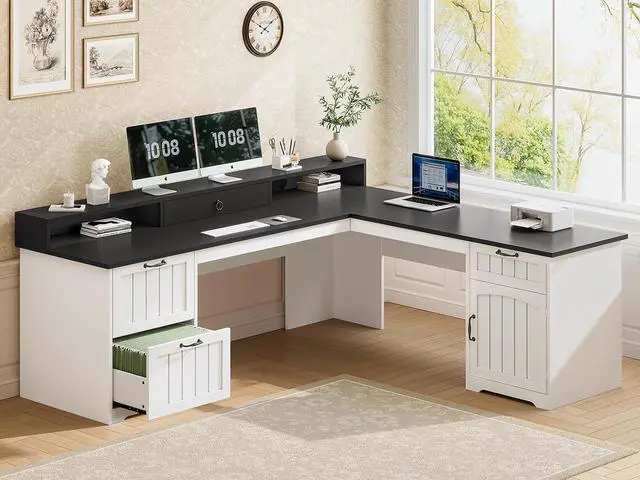Main image of 63" L Shaped Desk with Drawers, Farmhouse Office Desk with File Drawers, Wood Corner Computer Desk with Storage, Home Office Desk with Monitor Stand and Storage Cabinet, Black and White