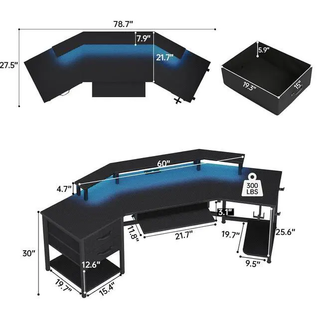 Alt view image 2 of 7 - 79" Gaming Desk, Computer Desk with 2 Fabric Drawers & LED Light, L Shaped Gaming Desk with Storage Shelf for Home Office, Carbon Fiber Black