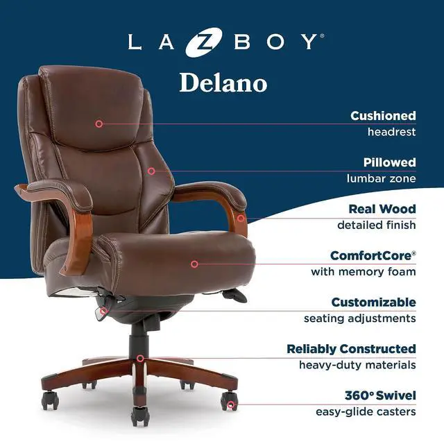 Alt view image 4 of 7 - Delano Big and Tall Executive Office Chair - Ergonomic Lumbar Support Memory Foam - Bonded Leather Desk Chair for Home Office - Mahogany Wood Arms - Chestnut Brown