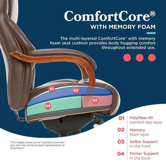 Alt view image 6 of 7 - Delano Big and Tall Executive Office Chair - Ergonomic Lumbar Support Memory Foam - Bonded Leather Desk Chair for Home Office - Mahogany Wood Arms - Chestnut Brown