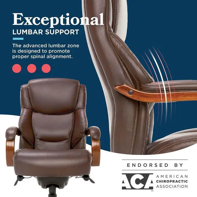 Alt view image 7 of 7 - Delano Big and Tall Executive Office Chair - Ergonomic Lumbar Support Memory Foam - Bonded Leather Desk Chair for Home Office - Mahogany Wood Arms - Chestnut Brown