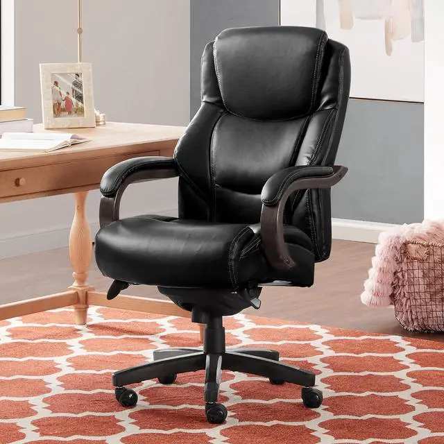 Alt view image 2 of 7 - Delano Big and Tall Executive Office Chair - Ergonomic Lumbar Support Memory Foam - Bonded Leather Desk Chair for Home Office - Weathered Grey Wood Arms - Black