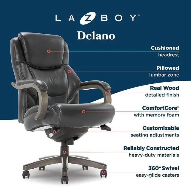 Alt view image 4 of 7 - Delano Big and Tall Executive Office Chair - Ergonomic Lumbar Support Memory Foam - Bonded Leather Desk Chair for Home Office - Weathered Grey Wood Arms - Black