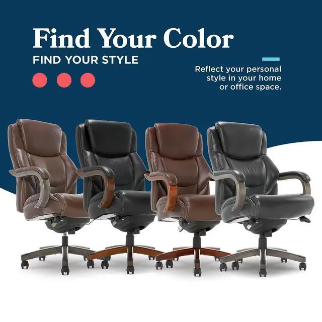 Alt view image 5 of 7 - Delano Big and Tall Executive Office Chair - Ergonomic Lumbar Support Memory Foam - Bonded Leather Desk Chair for Home Office - Weathered Grey Wood Arms - Black