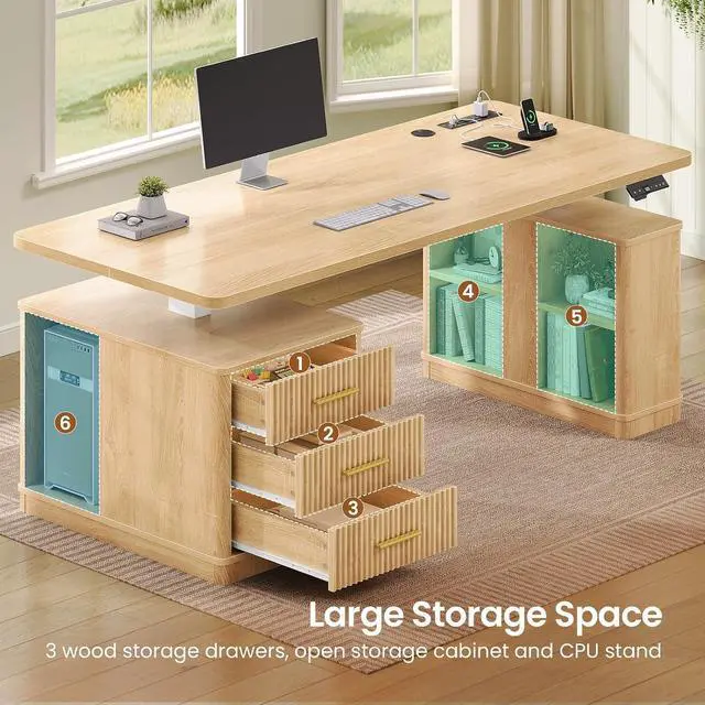 Alt view image 5 of 7 - Modern Fluted Electric Standing Desk, 63" Height Adjustable Computer Desk with 3 Drawers, Storage Shelves, Power Outlets, Wood Home Office Stand up Desk for Work, Study, Writing, Oak