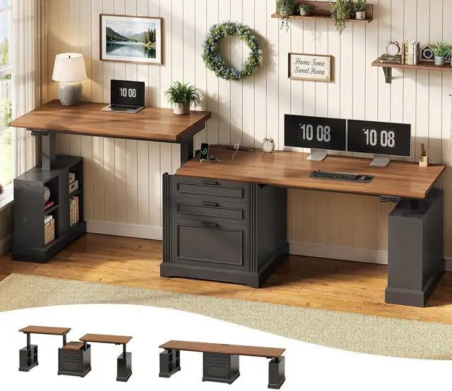 Main image of Standing Two Person Desk, 98.4'' Farmhouse Long Computer Desk with 3 Drawers, Storage Cabinet, Electric Height Adjustable 2 Person Desk with Power Outlets for Home Office, Black+Brown