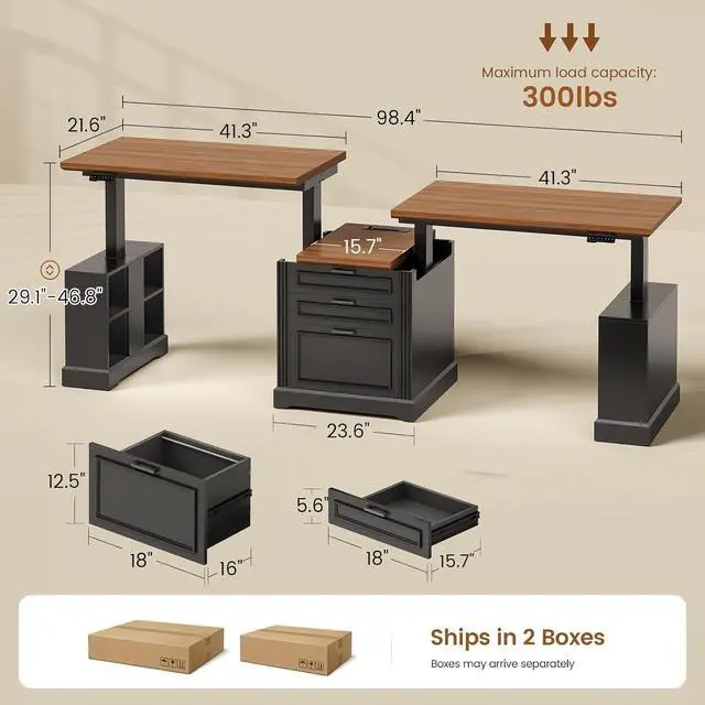 Alt view image 2 of 7 - Standing Two Person Desk, 98.4'' Farmhouse Long Computer Desk with 3 Drawers, Storage Cabinet, Electric Height Adjustable 2 Person Desk with Power Outlets for Home Office, Black+Brown