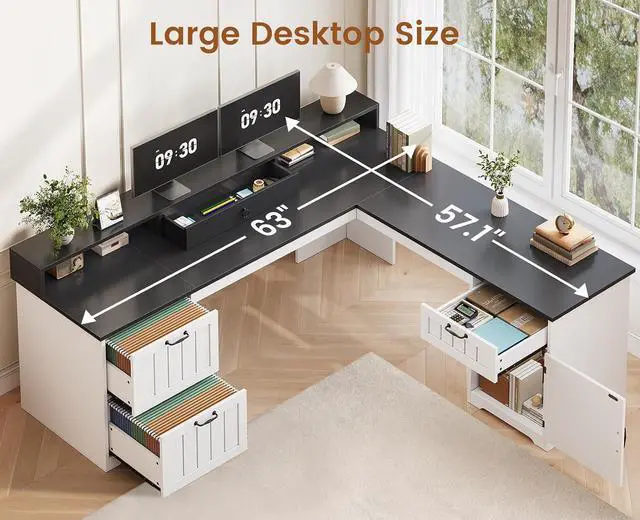 Alt view image 7 of 7 - 63" L Shaped Desk with Drawers, Farmhouse Office Desk with File Drawers, Wood Corner Computer Desk with Storage, Home Office Desk with Monitor Stand and Storage Cabinet, Black and White