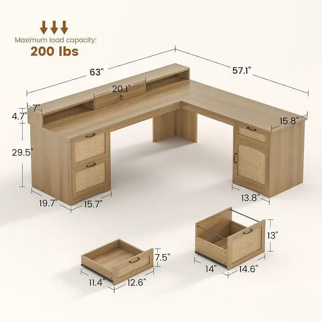 Alt view image 2 of 7 - 63" Rattan L Shaped Desk with Drawers, Farmhouse Corner Computer Desk, Wood Office Desk with File Drawers with Storage, Executive Desk with Monitor Stand and Storage Cabinet, Oak