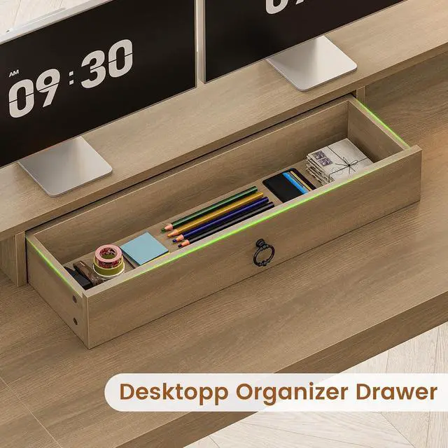 Alt view image 5 of 7 - 63" Rattan L Shaped Desk with Drawers, Farmhouse Corner Computer Desk, Wood Office Desk with File Drawers with Storage, Executive Desk with Monitor Stand and Storage Cabinet, Oak