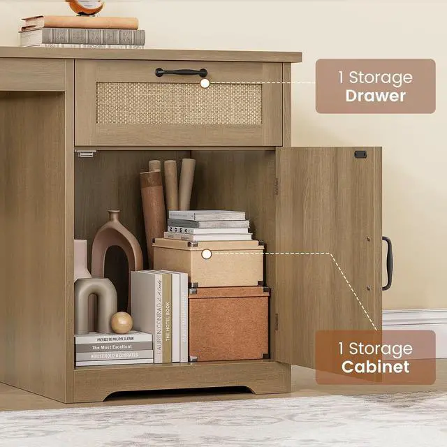 Alt view image 6 of 7 - 63" Rattan L Shaped Desk with Drawers, Farmhouse Corner Computer Desk, Wood Office Desk with File Drawers with Storage, Executive Desk with Monitor Stand and Storage Cabinet, Oak