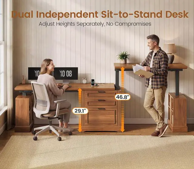 Alt view image 3 of 7 - Standing Two Person Desk, 98.4'' Farmhouse Long Computer Desk with 3 Drawers, Storage Cabinet, Electric Height Adjustable 2 Person Desk with Power Outlets for Home Office, Brown