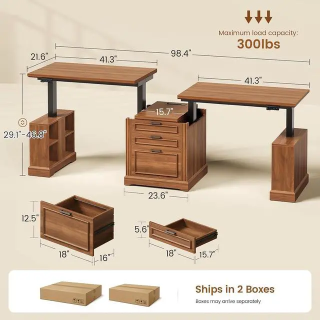 Alt view image 2 of 7 - Standing Two Person Desk, 98.4'' Farmhouse Long Computer Desk with 3 Drawers, Storage Cabinet, Electric Height Adjustable 2 Person Desk with Power Outlets for Home Office, Brown