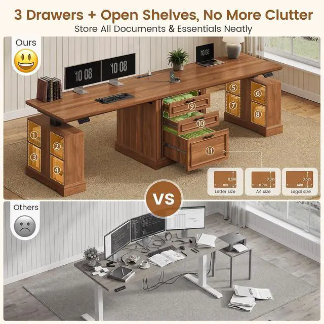 Alt view image 6 of 7 - Standing Two Person Desk, 98.4'' Farmhouse Long Computer Desk with 3 Drawers, Storage Cabinet, Electric Height Adjustable 2 Person Desk with Power Outlets for Home Office, Brown