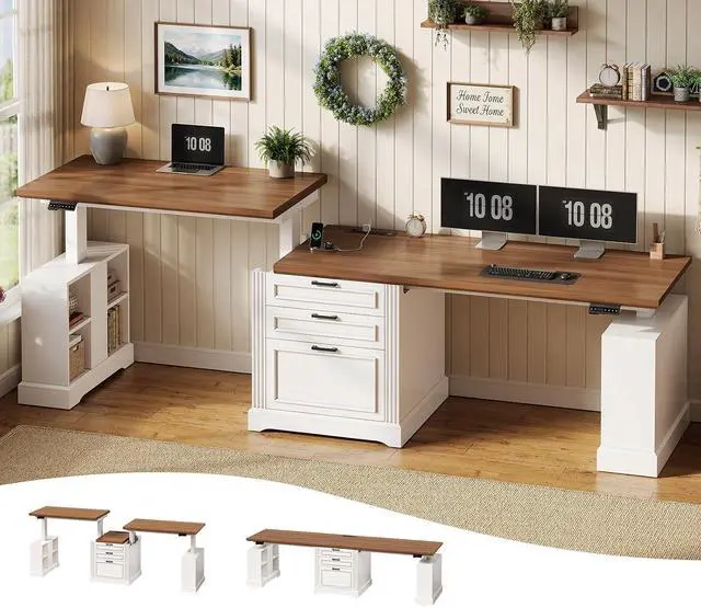 Main image of Standing Two Person Desk, 98.4'' Farmhouse Long Computer Desk with 3 Drawers, Storage Cabinet, Electric Height Adjustable 2 Person Desk with Power Outlets for Home Office, White+Brown