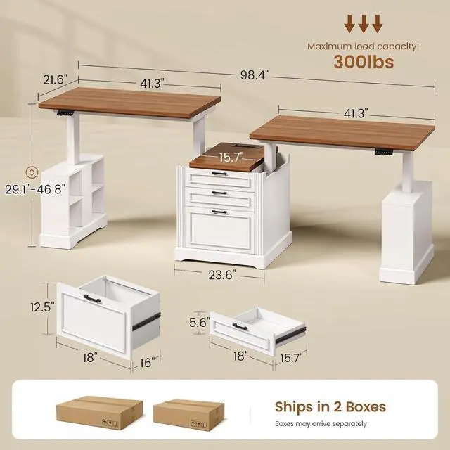 Alt view image 2 of 7 - Standing Two Person Desk, 98.4'' Farmhouse Long Computer Desk with 3 Drawers, Storage Cabinet, Electric Height Adjustable 2 Person Desk with Power Outlets for Home Office, White+Brown