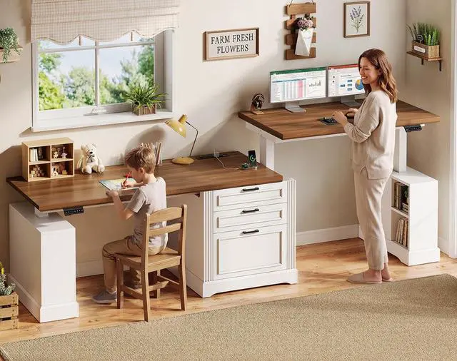 Alt view image 3 of 7 - Standing Two Person Desk, 98.4'' Farmhouse Long Computer Desk with 3 Drawers, Storage Cabinet, Electric Height Adjustable 2 Person Desk with Power Outlets for Home Office, White+Brown