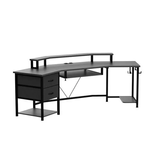 Alt view image 4 of 7 - 79" Gaming Desk, Computer Desk with 2 Fabric Drawers & LED Light, L Shaped Gaming Desk with Storage Shelf for Home Office, Carbon Fiber Black