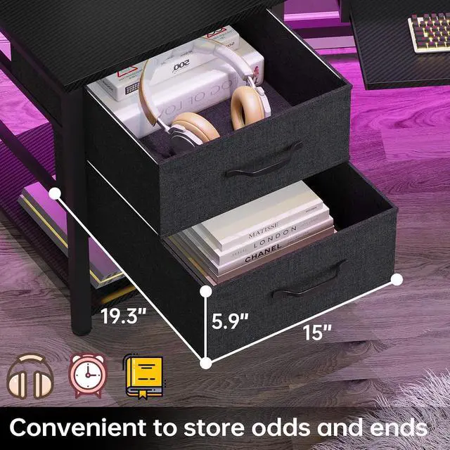 Alt view image 5 of 7 - 79" Gaming Desk, Computer Desk with 2 Fabric Drawers & LED Light, L Shaped Gaming Desk with Storage Shelf for Home Office, Carbon Fiber Black