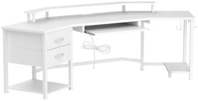 Alt view image 4 of 7 - 79" Gaming Desk, Computer Desk with 2 Fabric Drawers & LED Light, White Small Desk with Storage for Home Office, Carbon Fiber White