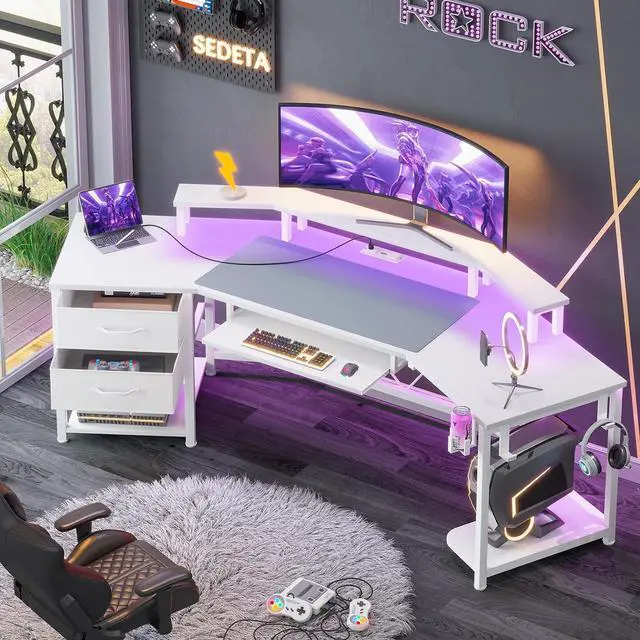 Main image of 79" Gaming Desk, Computer Desk with 2 Fabric Drawers & LED Light, White Small Desk with Storage for Home Office, Carbon Fiber White
