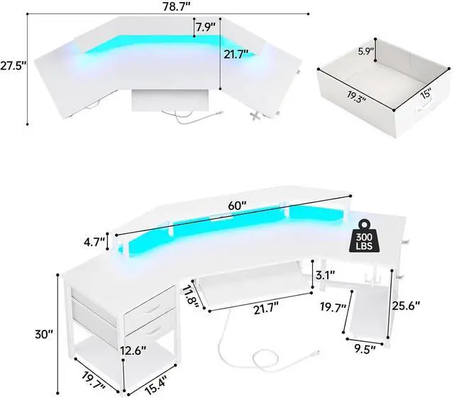 Alt view image 2 of 7 - 79" Gaming Desk, Computer Desk with 2 Fabric Drawers & LED Light, White Small Desk with Storage for Home Office, Carbon Fiber White