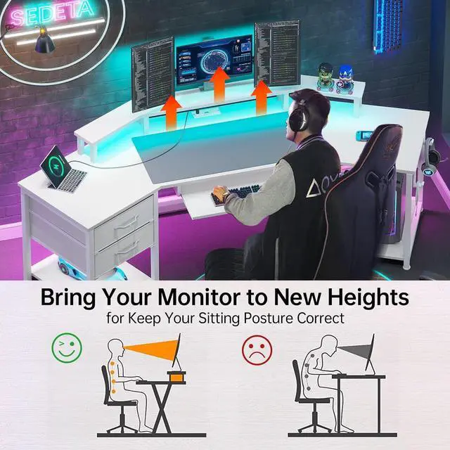 Alt view image 3 of 7 - 79" Gaming Desk, Computer Desk with 2 Fabric Drawers & LED Light, White Small Desk with Storage for Home Office, Carbon Fiber White