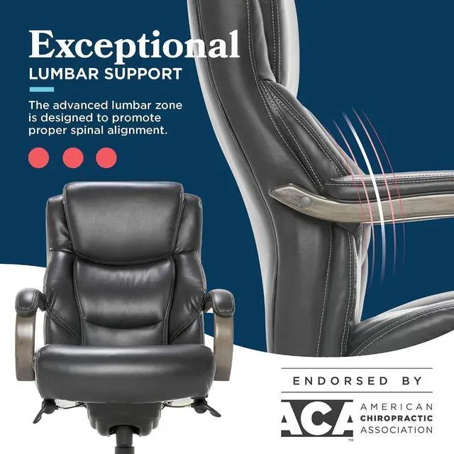 Alt view image 7 of 7 - Delano Big and Tall Executive Office Chair - Ergonomic Lumbar Support Memory Foam - Bonded Leather Desk Chair for Home Office - Weathered Grey Wood Arms - Black