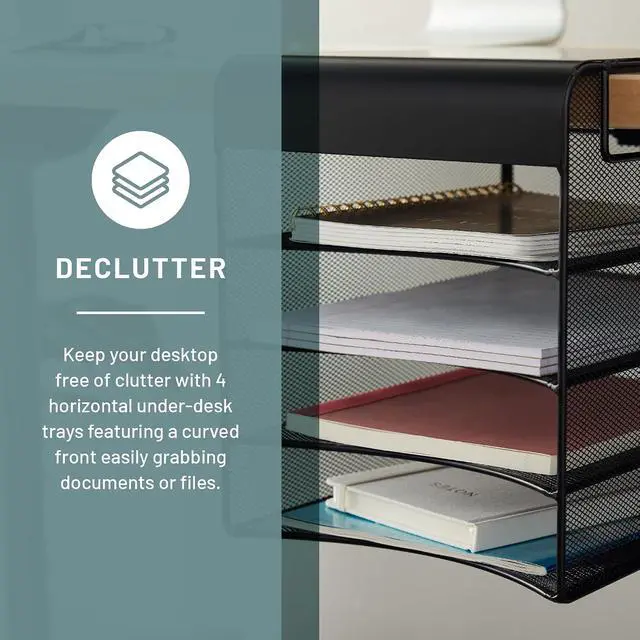 Alt view image 2 of 6 - Onyx Hanging Under Desk Organizer, 4 Trays, Office and Classroom Mailbox , Paper and Mail Sorter, Steel Mesh, Black