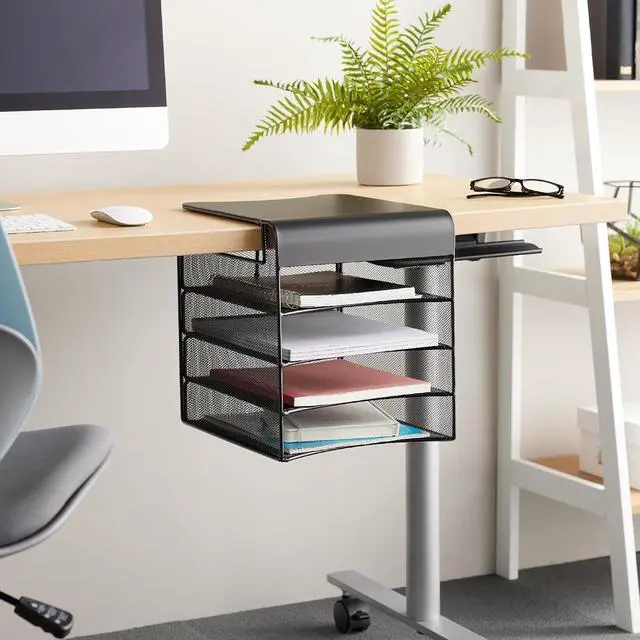 Alt view image 6 of 6 - Onyx Hanging Under Desk Organizer, 4 Trays, Office and Classroom Mailbox , Paper and Mail Sorter, Steel Mesh, Black