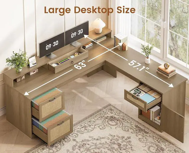 Alt view image 7 of 7 - 63" Rattan L Shaped Desk with Drawers, Farmhouse Corner Computer Desk, Wood Office Desk with File Drawers with Storage, Executive Desk with Monitor Stand and Storage Cabinet, Oak