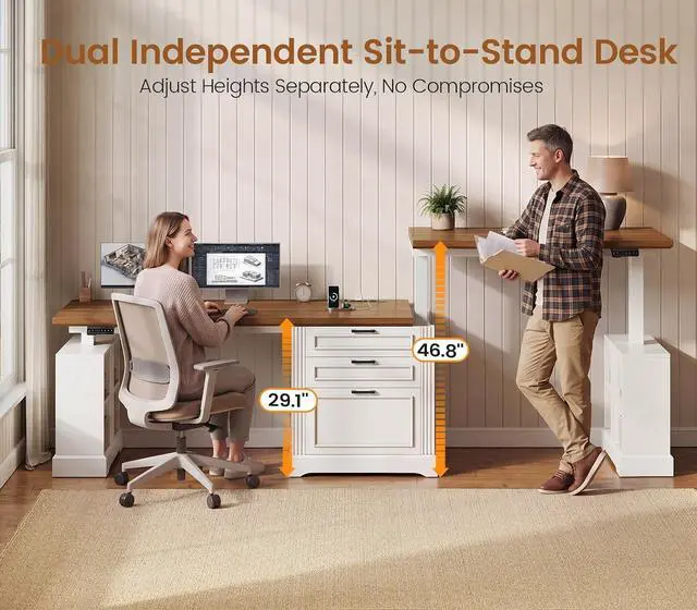 Alt view image 4 of 7 - Standing Two Person Desk, 98.4'' Farmhouse Long Computer Desk with 3 Drawers, Storage Cabinet, Electric Height Adjustable 2 Person Desk with Power Outlets for Home Office, White+Brown