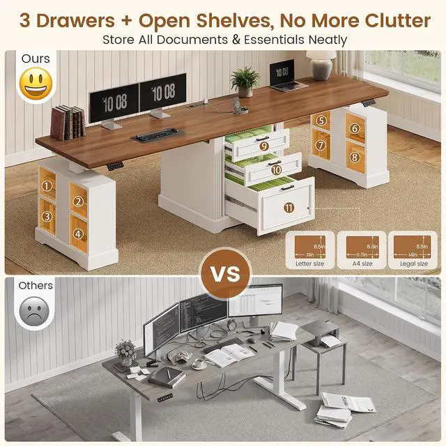 Alt view image 5 of 7 - Standing Two Person Desk, 98.4'' Farmhouse Long Computer Desk with 3 Drawers, Storage Cabinet, Electric Height Adjustable 2 Person Desk with Power Outlets for Home Office, White+Brown