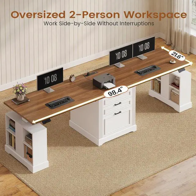 Alt view image 6 of 7 - Standing Two Person Desk, 98.4'' Farmhouse Long Computer Desk with 3 Drawers, Storage Cabinet, Electric Height Adjustable 2 Person Desk with Power Outlets for Home Office, White+Brown