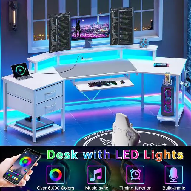 Alt view image 7 of 7 - 79" Gaming Desk, Computer Desk with 2 Fabric Drawers & LED Light, White Small Desk with Storage for Home Office, Carbon Fiber White