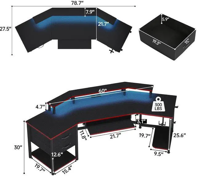 Alt view image 2 of 7 - 79" Gaming Desk, Computer Desk with 2 Fabric Drawers & LED Light, L Shaped Gaming Desk with Storage Shelf for Home Office, Carbon Fiber Black&Red