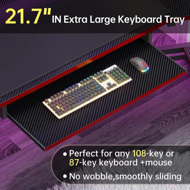 Alt view image 5 of 7 - 79" Gaming Desk, Computer Desk with 2 Fabric Drawers & LED Light, L Shaped Gaming Desk with Storage Shelf for Home Office, Carbon Fiber Black&Red