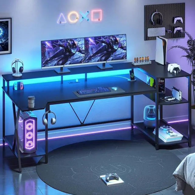 Main image of Gaming Desk 70.8'' with LED Lights and Storage Shelves, Computer Desk with Monitor Stand, Power Outlets and Cup Holder, Large PC Gamer Desk, Gaming Table for Bedroom, Living Room, Black