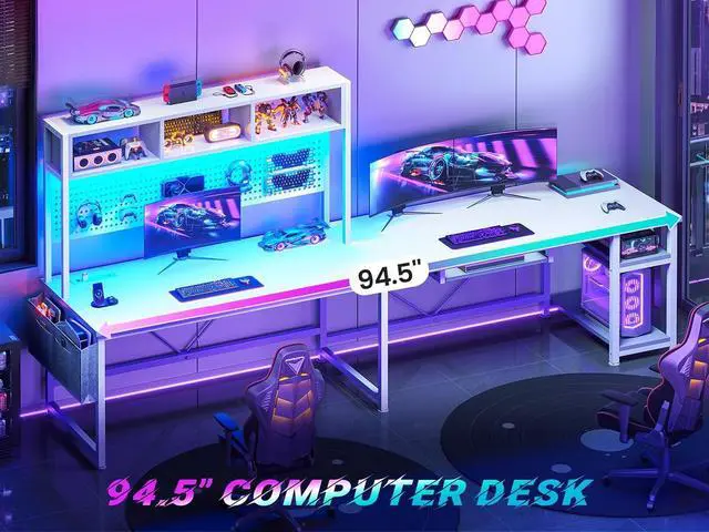 Alt view image 3 of 7 - White L Shaped Gaming Desk, Reversible Corner With Power Outlet and Pegboard, Hutch, Storage Shelf, Keyboard Tray, and LED Lights for Home Office