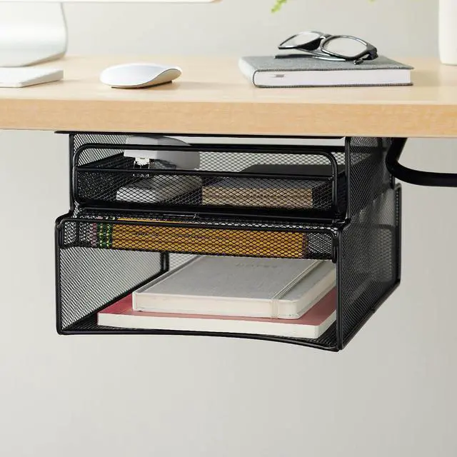 Alt view image 2 of 3 - 3244BL Onyx Mesh Deluxe Under Desk Hanging File & Paper Organizer, Black, Steel Construction, 2 Compartments, Tabletop or Desktop. Perfect for Home, Office & Classrooms, Black
