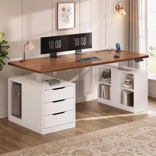 Main image of Modern Electric Standing Desk, 63" Height Adjustable Computer Desk with 3 Drawers, Storage Shelves, Power Outlets, Wood Home Office Stand up Desk for Work, Study, Writing, White + Brown