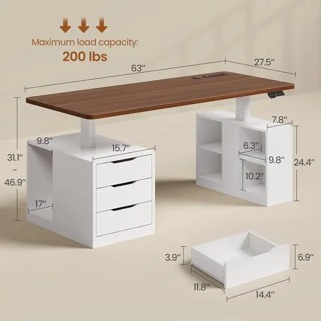 Alt view image 2 of 7 - Modern Electric Standing Desk, 63" Height Adjustable Computer Desk with 3 Drawers, Storage Shelves, Power Outlets, Wood Home Office Stand up Desk for Work, Study, Writing, White + Brown