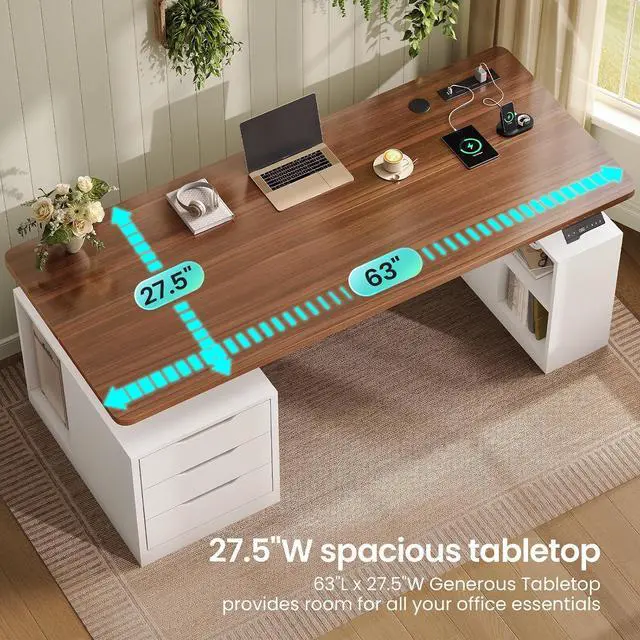 Alt view image 4 of 7 - Modern Electric Standing Desk, 63" Height Adjustable Computer Desk with 3 Drawers, Storage Shelves, Power Outlets, Wood Home Office Stand up Desk for Work, Study, Writing, White + Brown