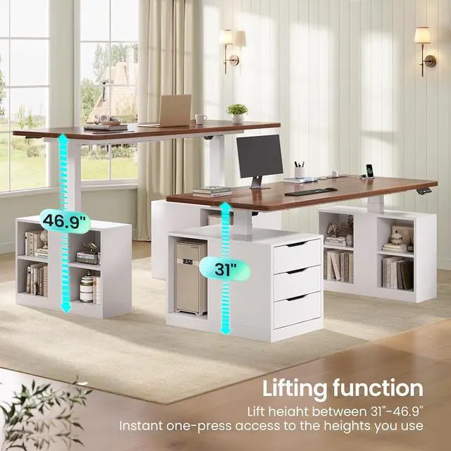Alt view image 3 of 7 - Modern Electric Standing Desk, 63" Height Adjustable Computer Desk with 3 Drawers, Storage Shelves, Power Outlets, Wood Home Office Stand up Desk for Work, Study, Writing, White + Brown