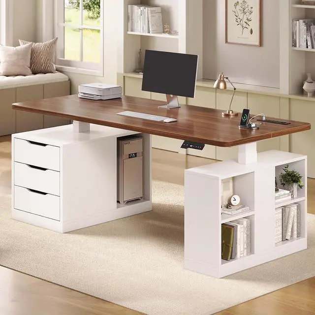 Alt view image 7 of 7 - Modern Electric Standing Desk, 63" Height Adjustable Computer Desk with 3 Drawers, Storage Shelves, Power Outlets, Wood Home Office Stand up Desk for Work, Study, Writing, White + Brown