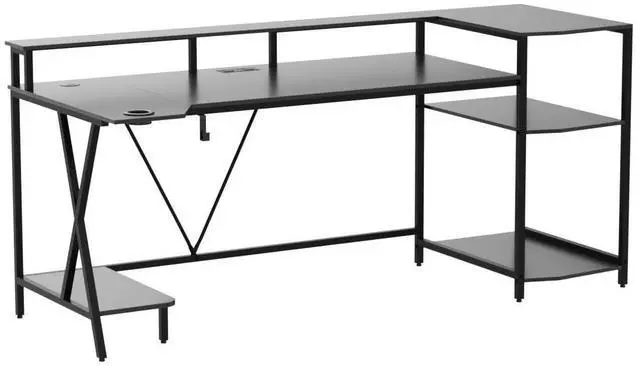 Alt view image 4 of 7 - Gaming Desk 70.8'' with LED Lights and Storage Shelves, Computer Desk with Monitor Stand, Power Outlets and Cup Holder, Large PC Gamer Desk, Gaming Table for Bedroom, Living Room, Black