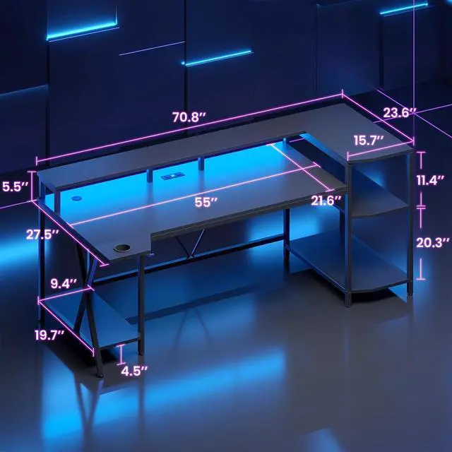 Alt view image 2 of 7 - Gaming Desk 70.8'' with LED Lights and Storage Shelves, Computer Desk with Monitor Stand, Power Outlets and Cup Holder, Large PC Gamer Desk, Gaming Table for Bedroom, Living Room, Black