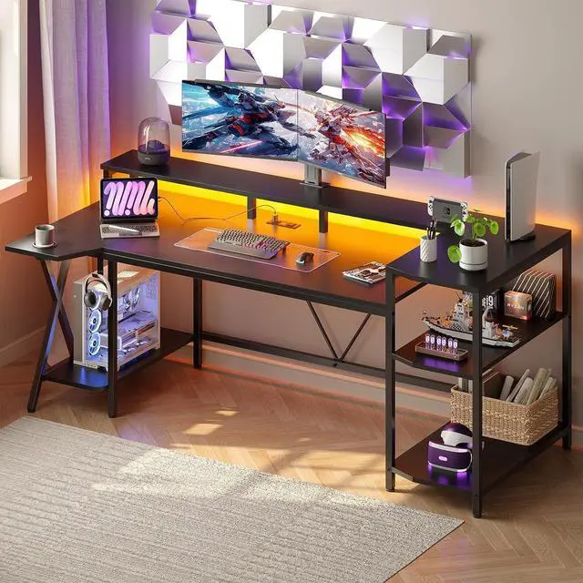 Alt view image 3 of 7 - Gaming Desk 70.8'' with LED Lights and Storage Shelves, Computer Desk with Monitor Stand, Power Outlets and Cup Holder, Large PC Gamer Desk, Gaming Table for Bedroom, Living Room, Black